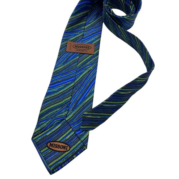 MISSONI Blue/Green Striped Art Silk LUXURY Tie ITALY - Picture 2 of 4